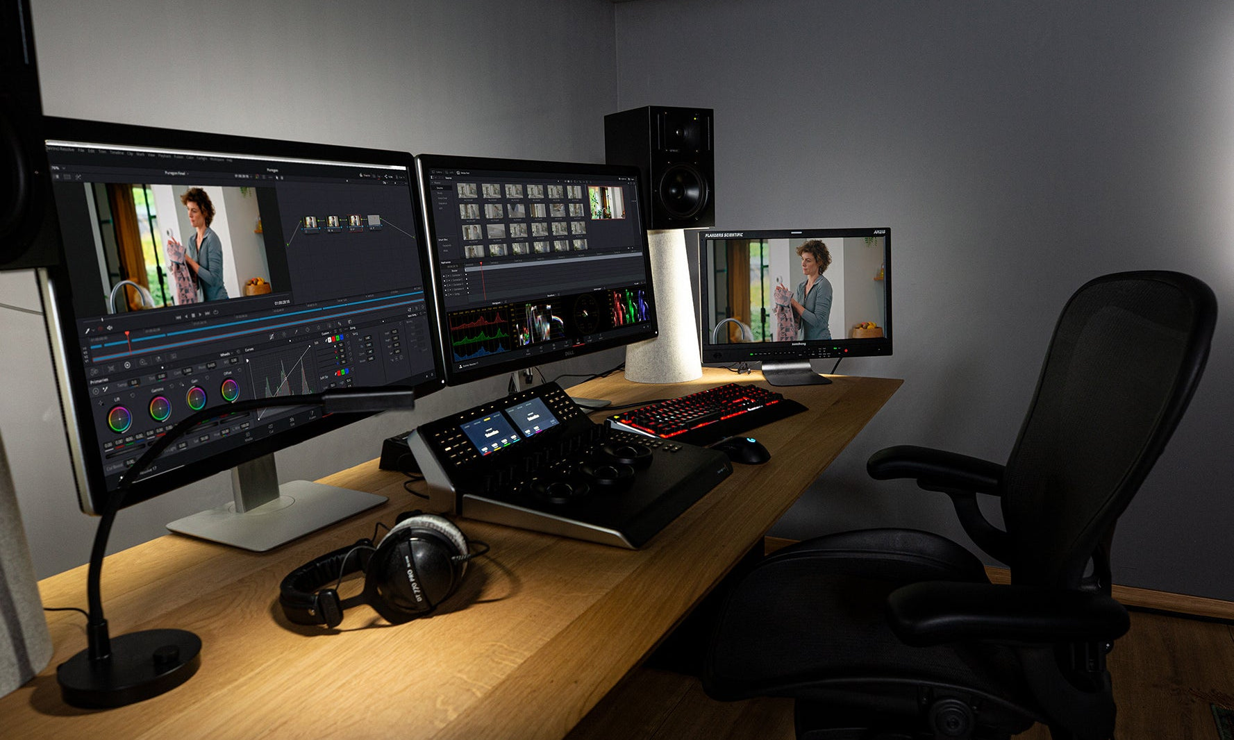 Grey painted walls surrounding a professional colour grading suite with a Flanders monitor, DaVinci Resolve Mini Panel, and headphones.